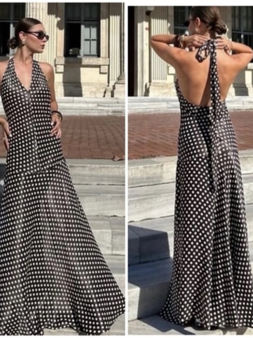 NWT ZARA ZW COLLECTION Brown Polka Dot Satin Halter V-Neck Maxi Dress SZ M - Picture 2 of 9